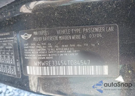 2004 Mini Cooper S from USA, damaged, VIN WMWRE33454TD84547